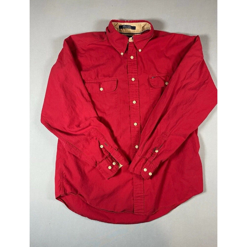Tommy Hilfiger Mens L Regular Red Solid Cotton Woven LS Pockets Button-Up